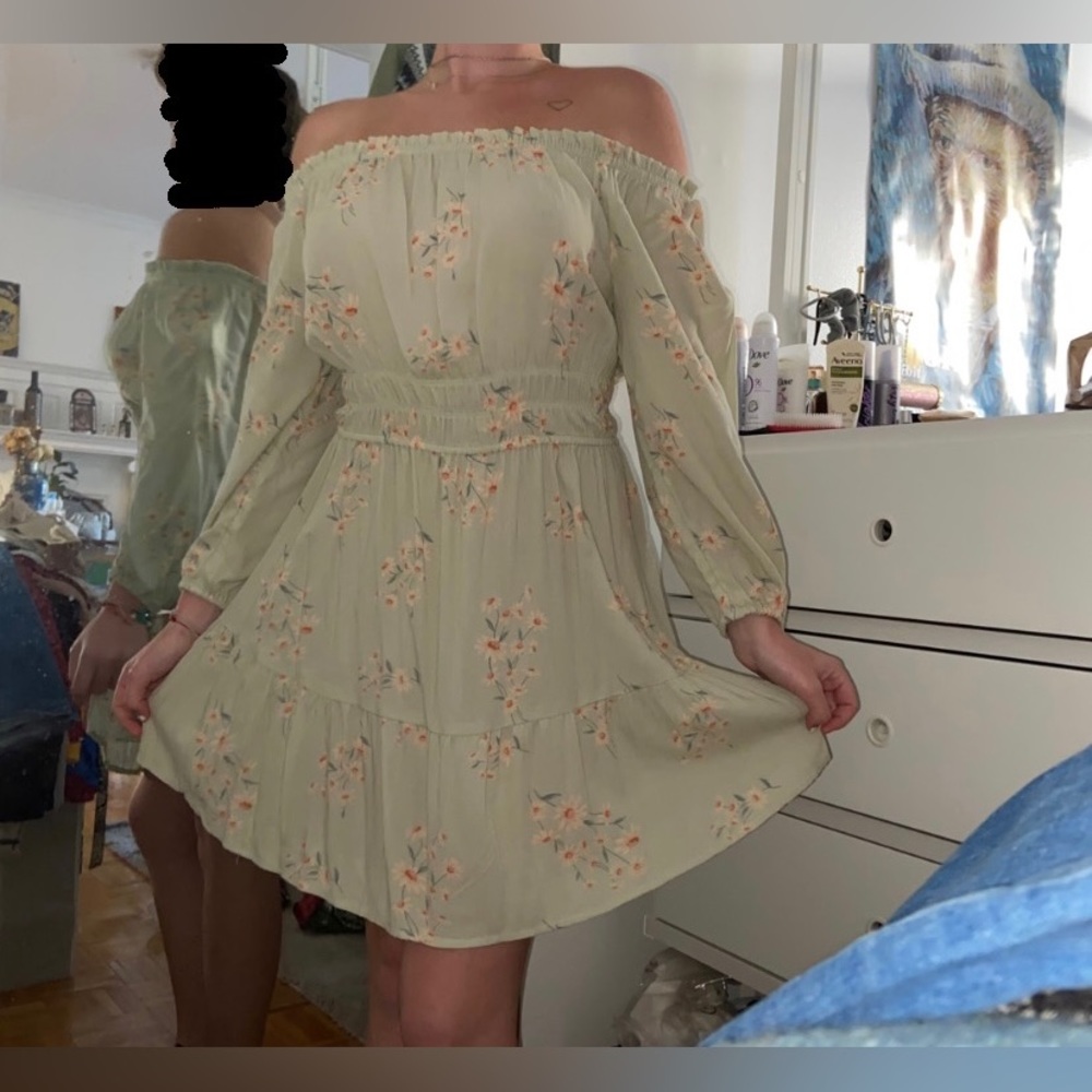 light green off the shoulder floral dress.